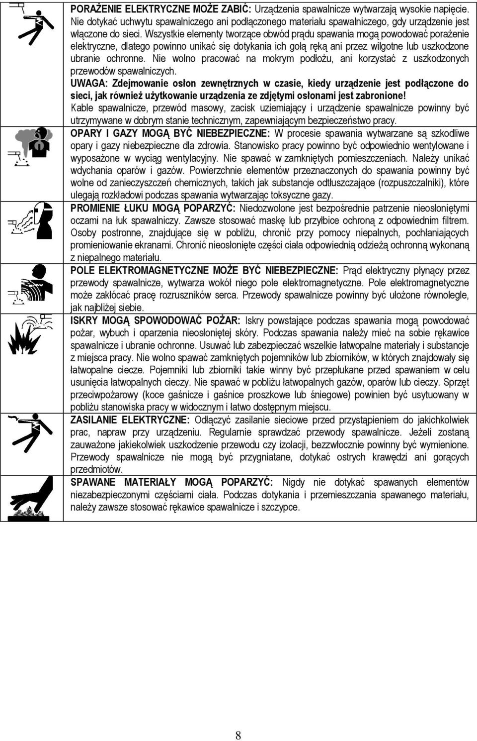 Nie wolno pracować na mokrym podłożu, ani korzystać z uszkodzonych przewodów spawalniczych.
