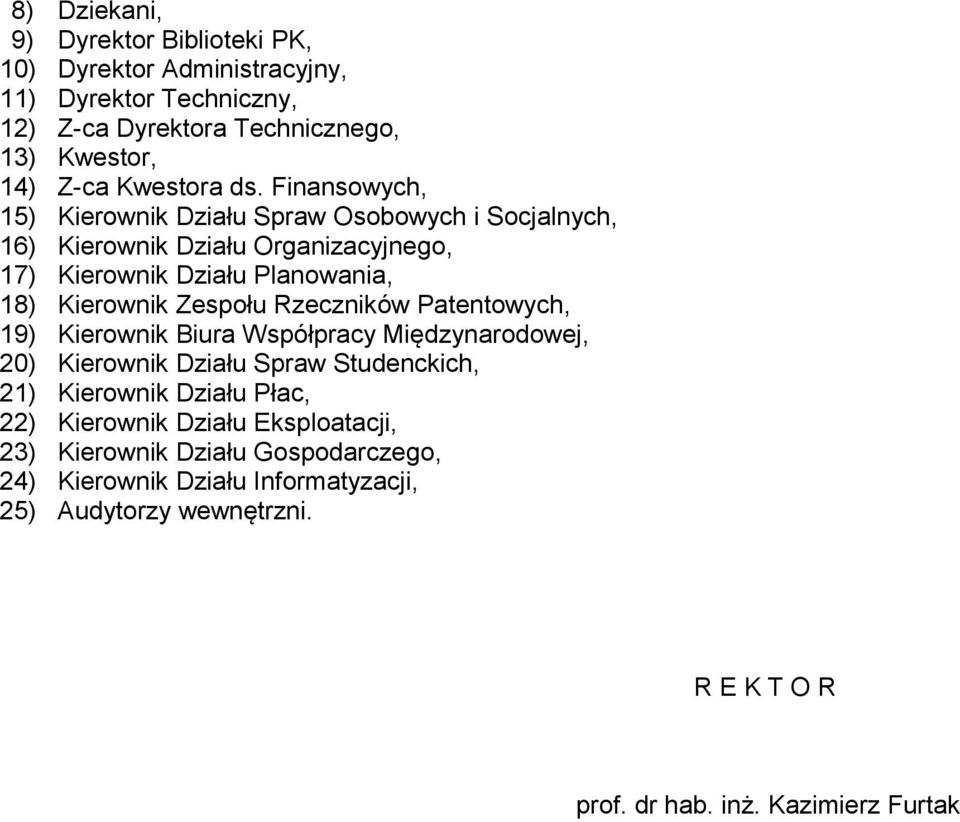 Zespołu Rzeczników Patentowych, 19) Kierownik Biura Współpracy Międzynarodowej, 20) Kierownik Działu Spraw Studenckich, 21) Kierownik Działu Płac, 22)