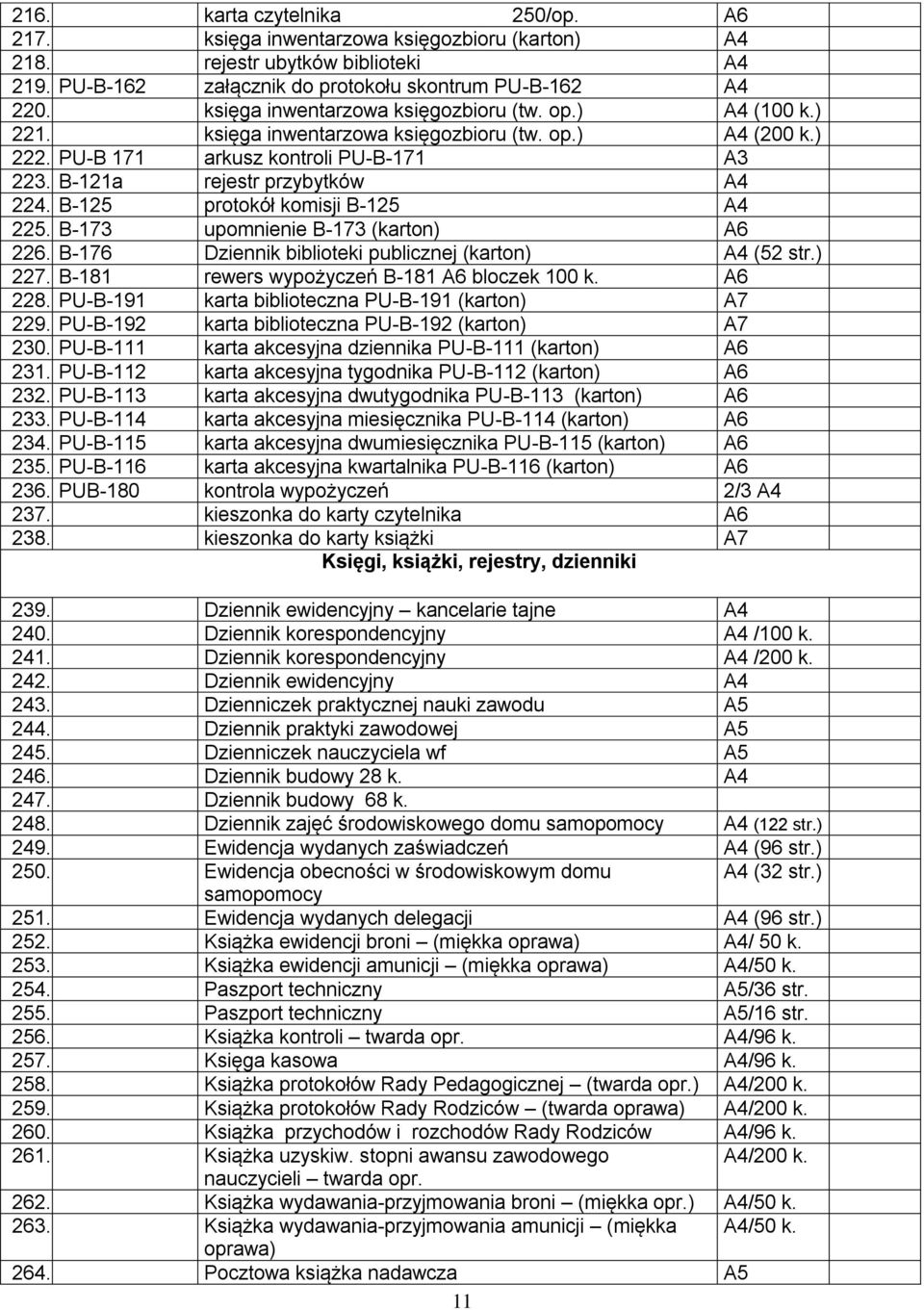 B-125 protokół komisji B-125 225. B-173 upomnienie B-173 (karton) A6 226. B-176 Dziennik biblioteki publicznej (karton) (52 str.) 227. B-181 rewers wypożyczeń B-181 A6 bloczek 100 k. A6 228.