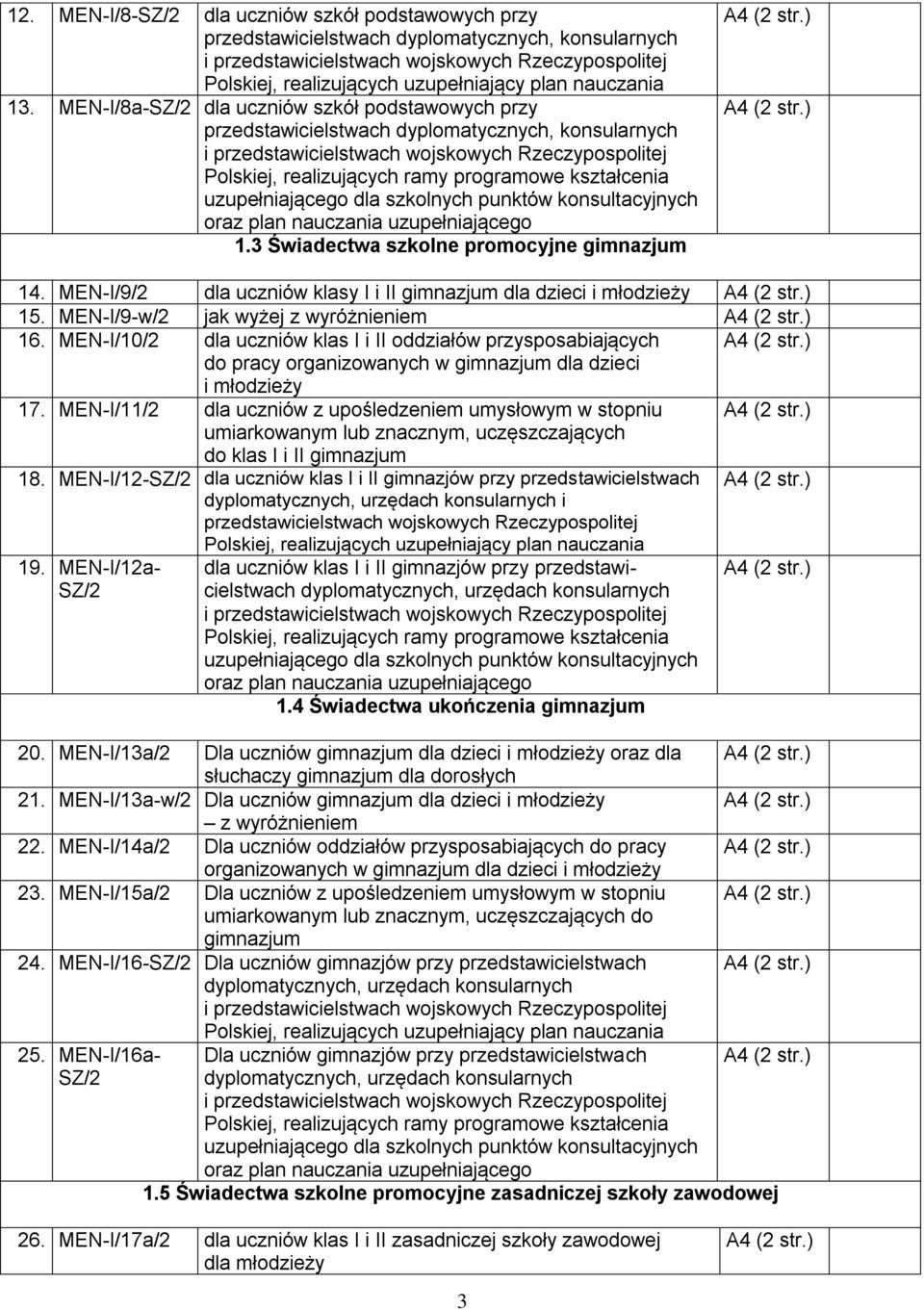 MEN-I/8a-SZ/2 dla uczniów szkół podstawowych przy przedstawicielstwach dyplomatycznych, konsularnych i przedstawicielstwach wojskowych Rzeczypospolitej Polskiej, realizujących ramy programowe