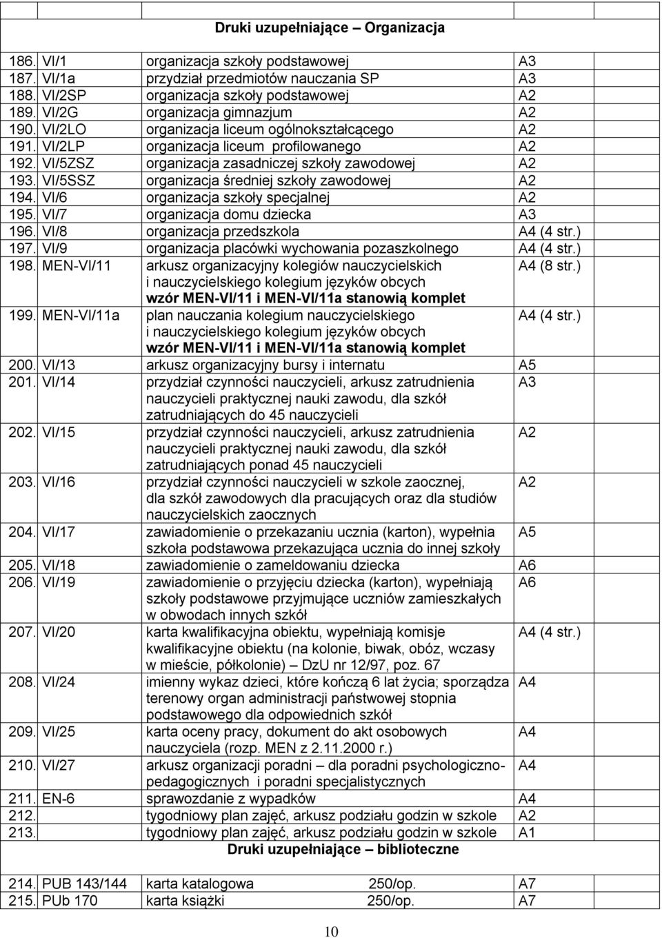 VI/5SSZ organizacja średniej szkoły zawodowej A2 194. VI/6 organizacja szkoły specjalnej A2 195. VI/7 organizacja domu dziecka A3 196. VI/8 organizacja przedszkola (4 str.) 197.