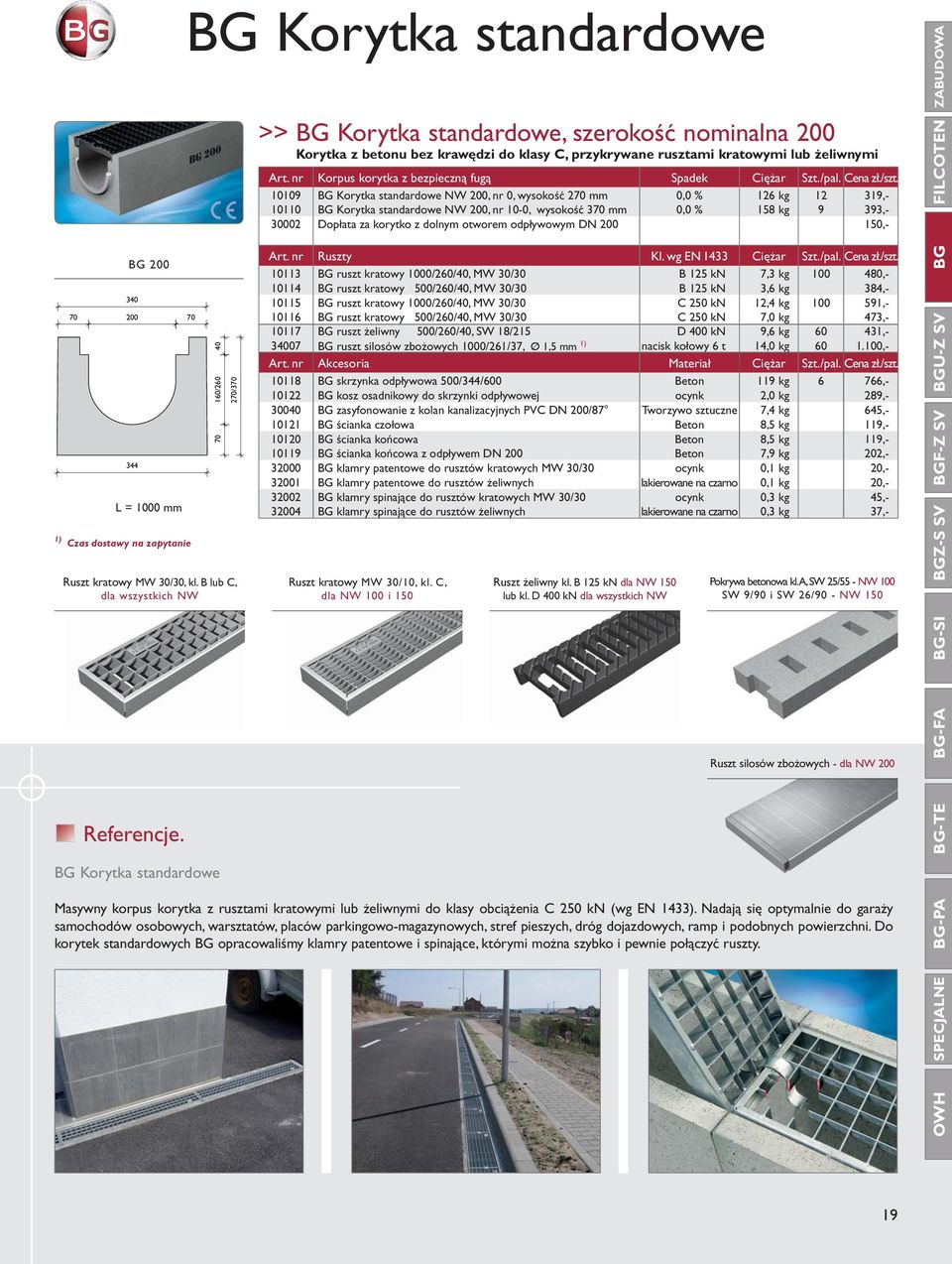 nr 0, wysokość 270 mm 0,0 % 126 kg 12 319,- 10110 BG Korytka standardowe NW 200, nr 10-0, wysokość 370 mm 0,0 % 158 kg 9 393,- 30002 Dopłata za korytko z dolnym otworem odpływowym DN 200 150,- Art.