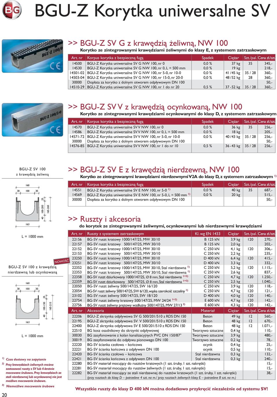 360,- 14503-04 BGU-Z Korytka uniwersalne SV G NW 100, nr 15-0, nr 20-0 0,0 % 48 / 52 kg 28 360,- 30000 Dopłata za korytko z dolnym otworem odpływowym DN 100 50,- 14510-29 BGU-Z Korytka uniwersalne SV