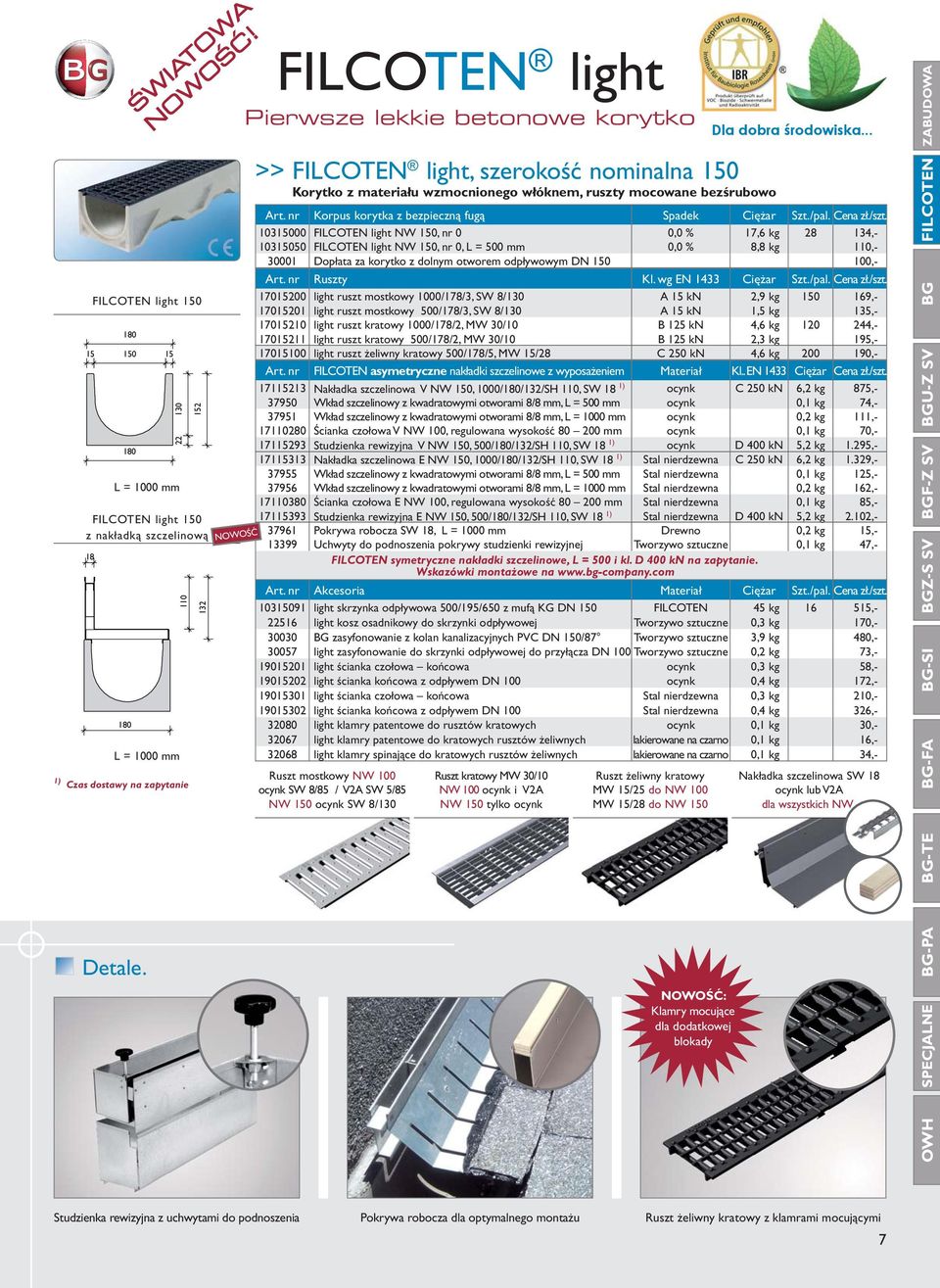 150, nr 0 0,0 % 17,6 kg 28 134,- 10315050 FILCOTEN light NW 150, nr 0, L = 500 mm 0,0 % 8,8 kg 110,- 30001 Dopłata za korytko z dolnym otworem odpływowym DN 150 100,- Art. nr Ruszty Kl.