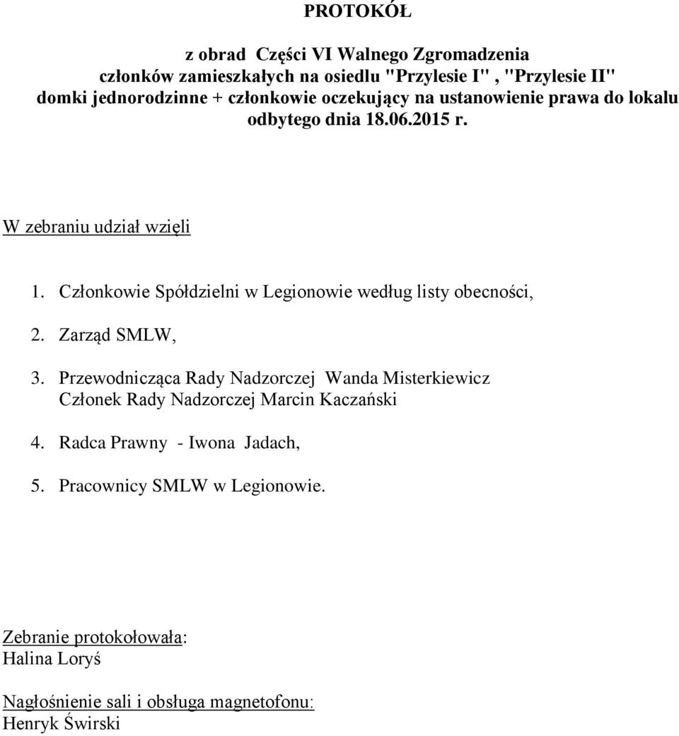 Członkowie Spółdzielni w Legionowie według listy obecności, 2. Zarząd SMLW, 3.