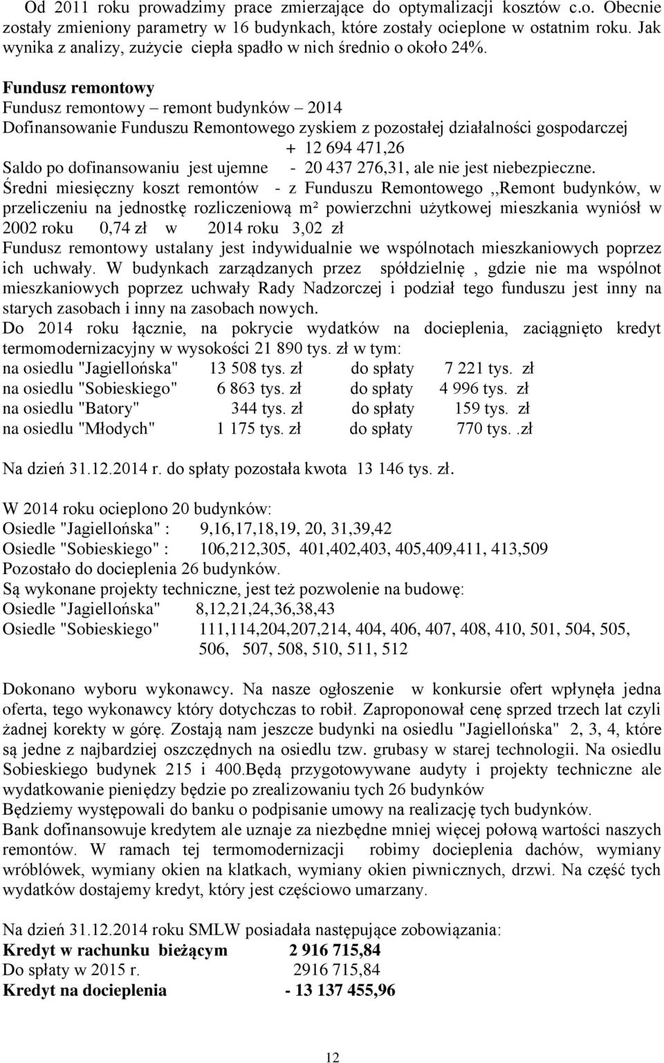 Fundusz remontowy Fundusz remontowy remont budynków 2014 Dofinansowanie Funduszu Remontowego zyskiem z pozostałej działalności gospodarczej + 12 694 471,26 Saldo po dofinansowaniu jest ujemne - 20