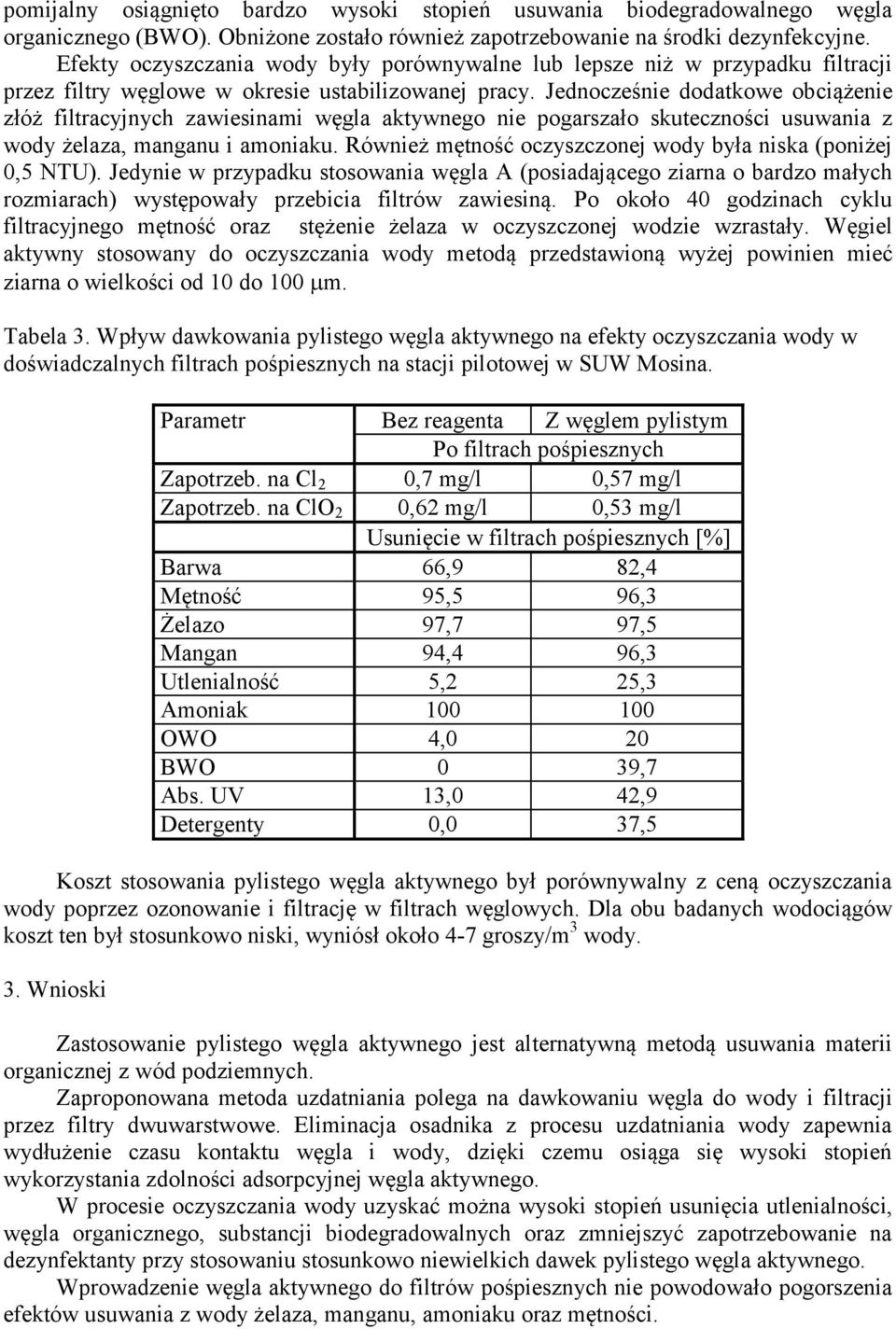 Jednocześnie dodatkowe obciążenie złóż filtracyjnych zawiesinami węgla aktywnego nie pogarszało skuteczności usuwania z wody żelaza, manganu i amoniaku.