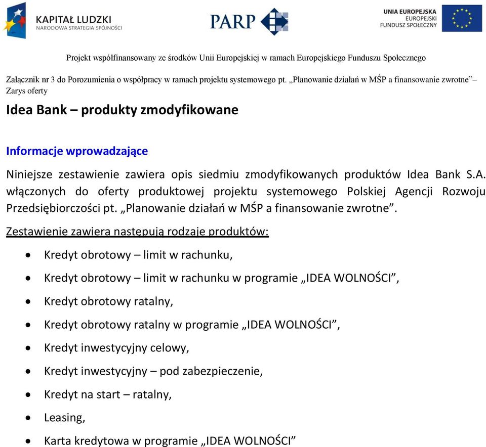 S.A. włączonych do oferty produktowej projektu systemowego Polskiej Agencji Rozwoju Przedsiębiorczości pt. Planowanie działao w MŚP a finansowanie zwrotne.