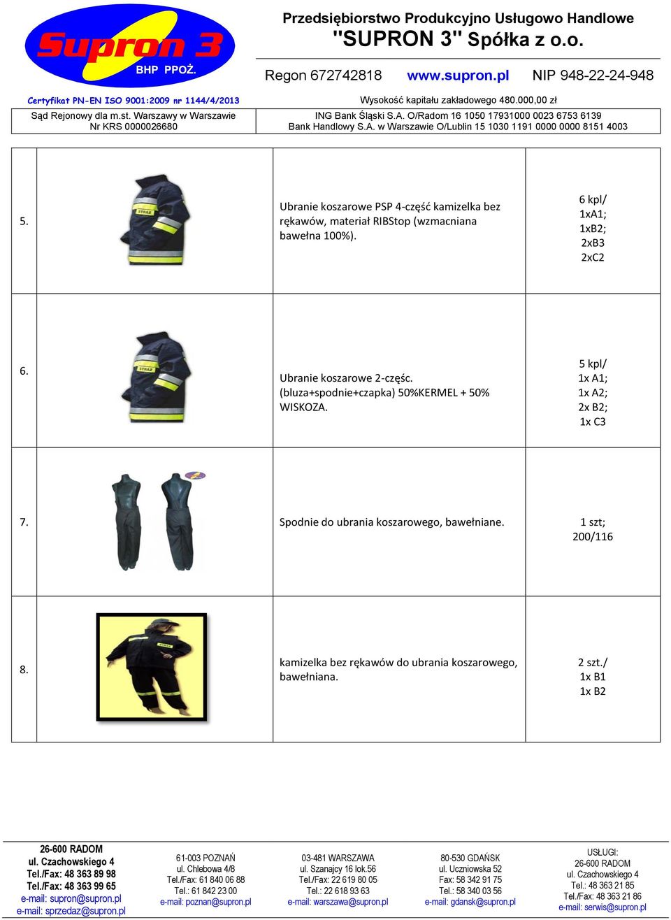 50%KERMEL + 50% WISKOZA 5 kpl/ 1x A1; 1x A2; 2x B2; 1x C3 7 Spodnie do ubrania koszarowego,