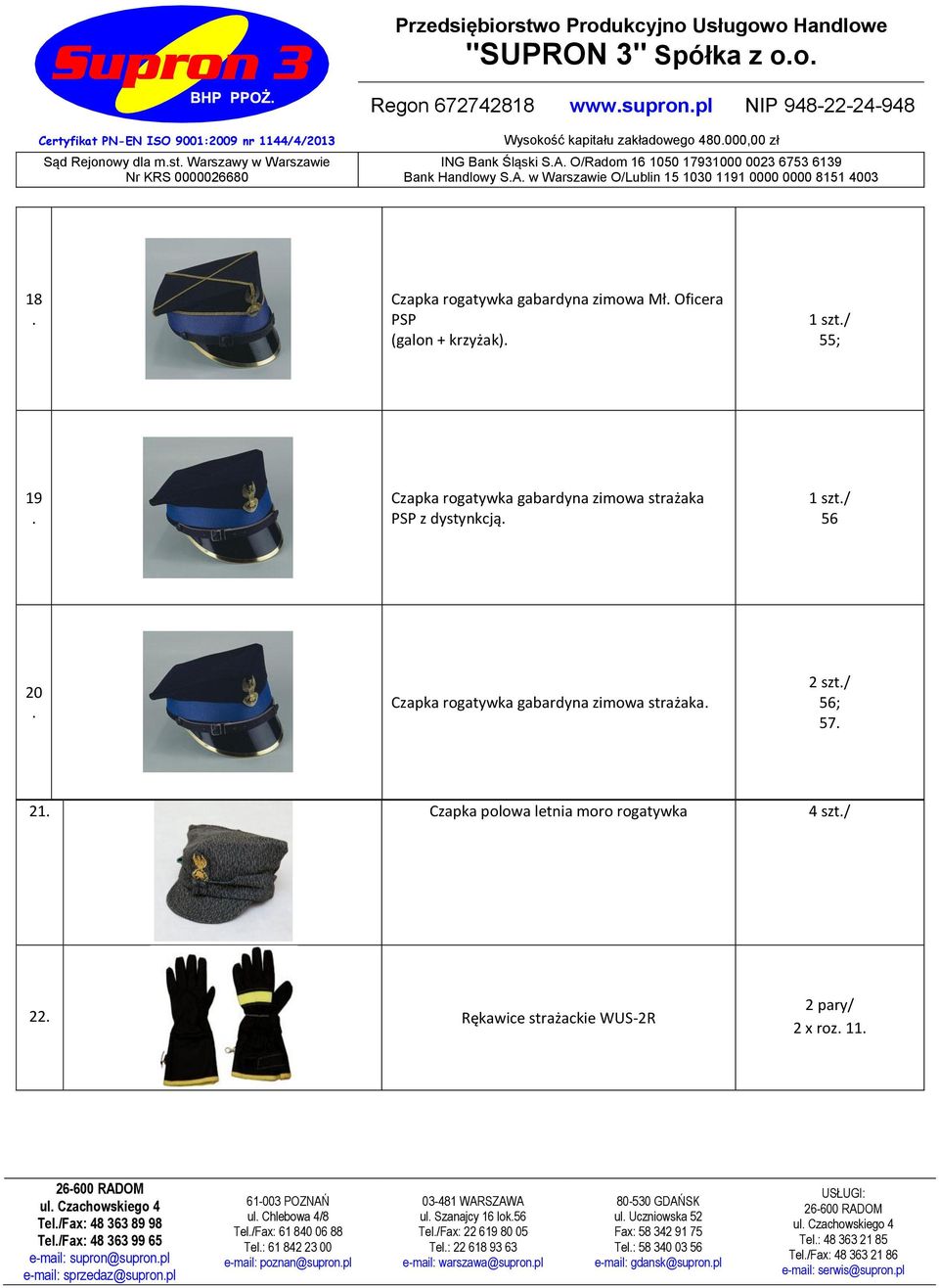 20 Czapka rogatywka gabardyna zimowa strażaka 2 szt/ 56; 57 21 Czapka polowa