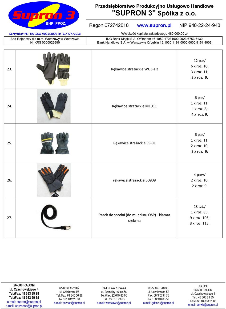 par/ 1 x roz 11; 2 x roz 10; 3 x roz 9; 26 rękawice strażackie B0909 4 pary/ 2 x roz 10; 2