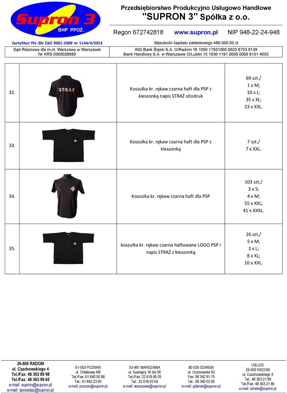 Koszulka kr rękaw czarna haft dla PSP 103 szt/ 3 x S; 4 x M; 55 x XXL; 41 x XXXL 35 koszulka