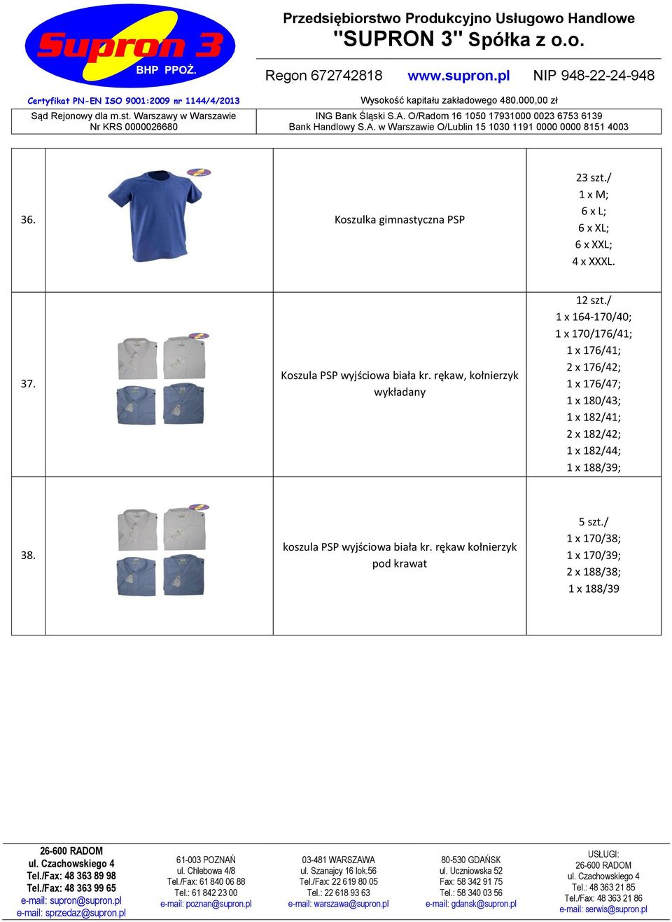 176/41; 2 x 176/42; 1 x 176/47; 1 x 180/43; 1 x 182/41; 2 x 182/42; 1 x 182/44; 1 x 188/39; 38