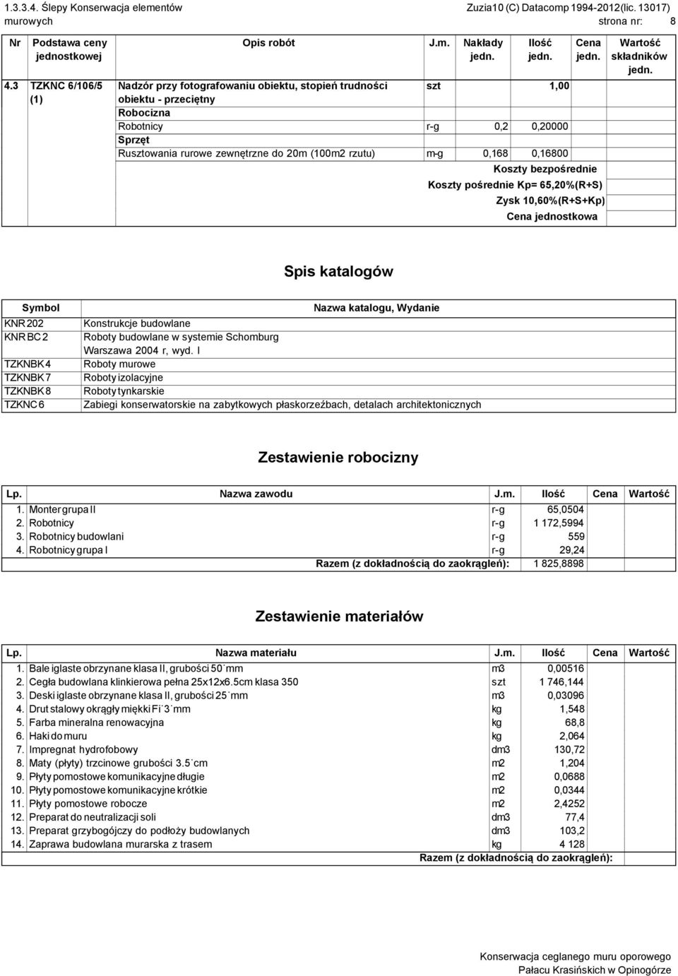 katalogów Symbol KNR 202 KNR BC 2 TZKNBK 4 TZKNBK 7 TZKNBK 8 TZKNC 6 Nazwa katalogu, Wydanie Konstrukcje budowlane Roboty budowlane w systemie Schomburg Warszawa 2004 r, wyd.