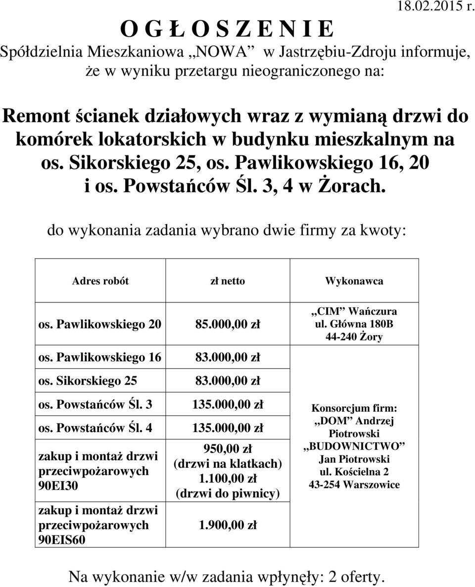 na os. Sikorskiego 25, os. Pawlikowskiego 16, 20 i os. Powstańców Śl. 3, 4 w śorach. do wykonania zadania wybrano dwie firmy za kwoty: Adres robót zł netto Wykonawca os. Pawlikowskiego 20 os.