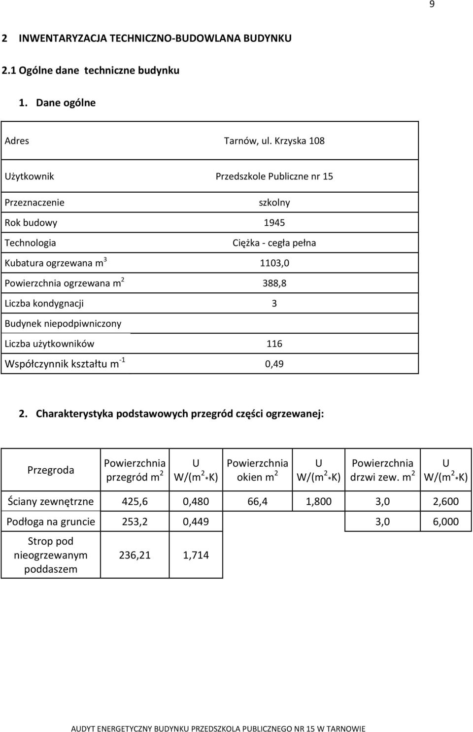 388,8 Liczba kondygnacji 3 Budynek niepodpiwniczony Liczba użytkowników 116 Współczynnik kształtu m 1 0,49 2.