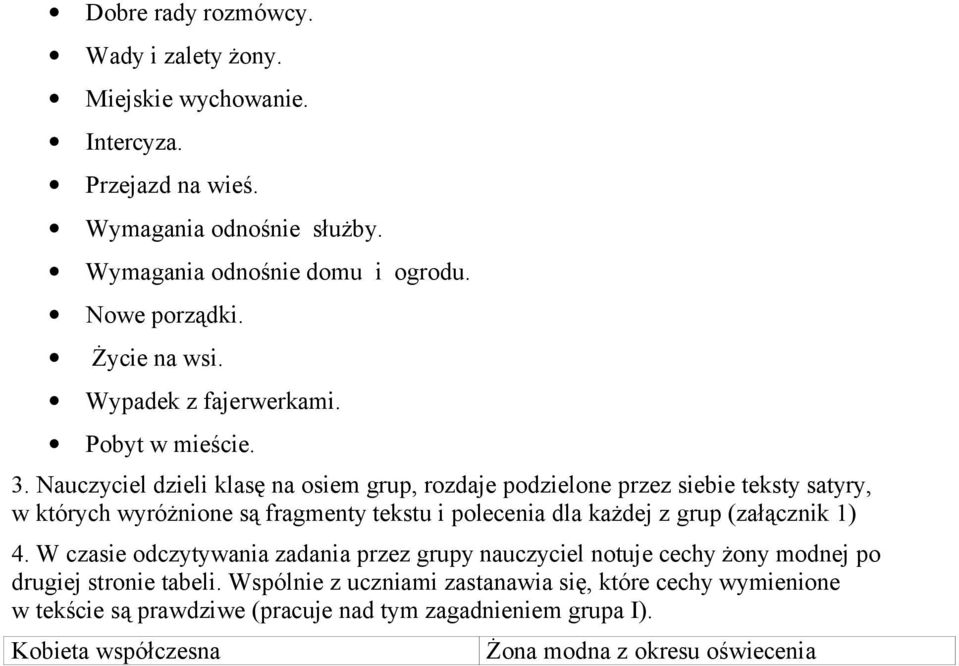 Nauczyciel dzieli klasę na osiem grup, rozdaje podzielone przez siebie teksty satyry, w których wyróżnione są fragmenty tekstu i polecenia dla każdej z grup (załącznik