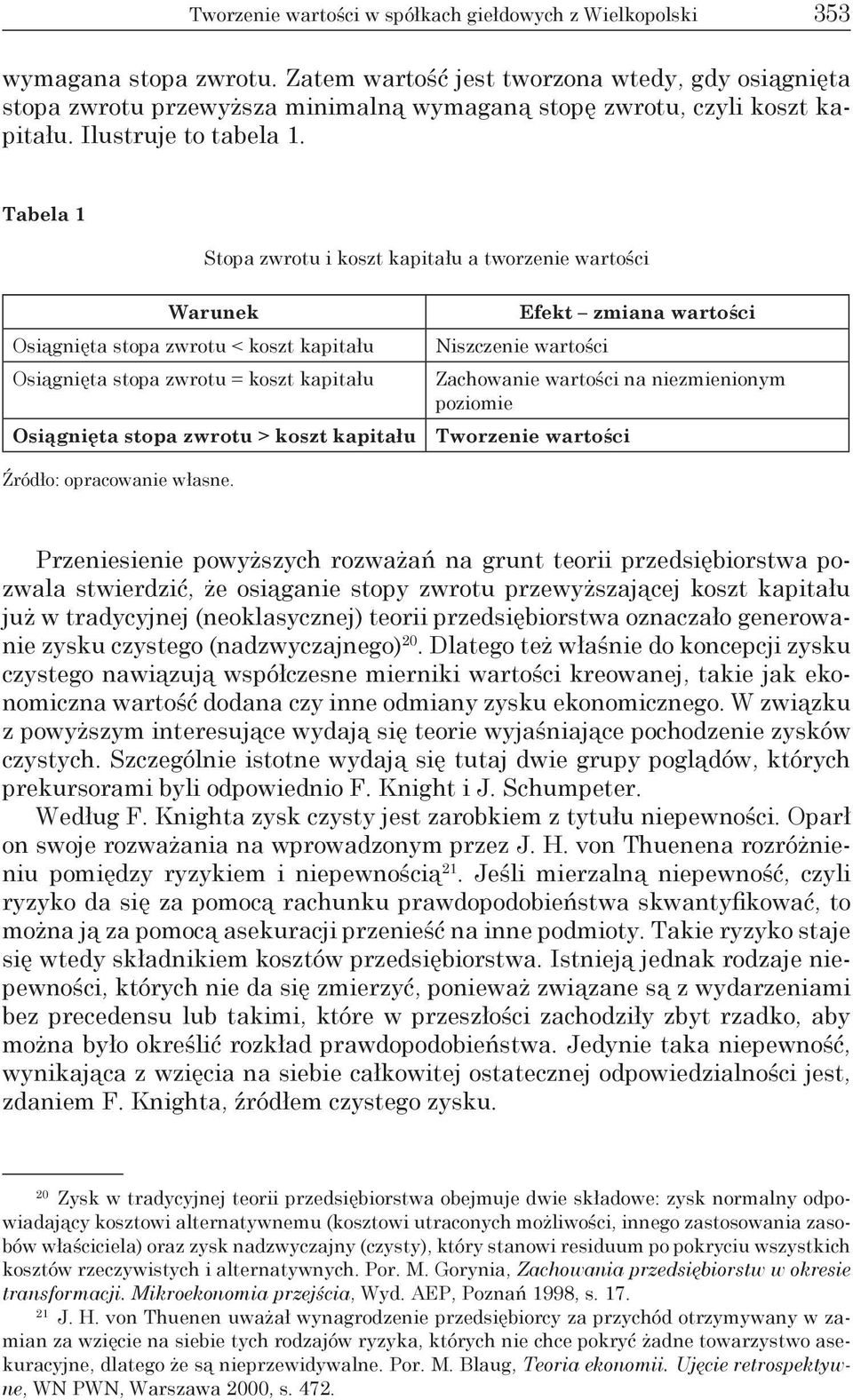 Tabela 1 Stopa zwrotu i koszt kapitału a tworzenie wartości Warunek Osiągnięta stopa zwrotu < koszt kapitału Osiągnięta stopa zwrotu = koszt kapitału Osiągnięta stopa zwrotu > koszt kapitału Efekt