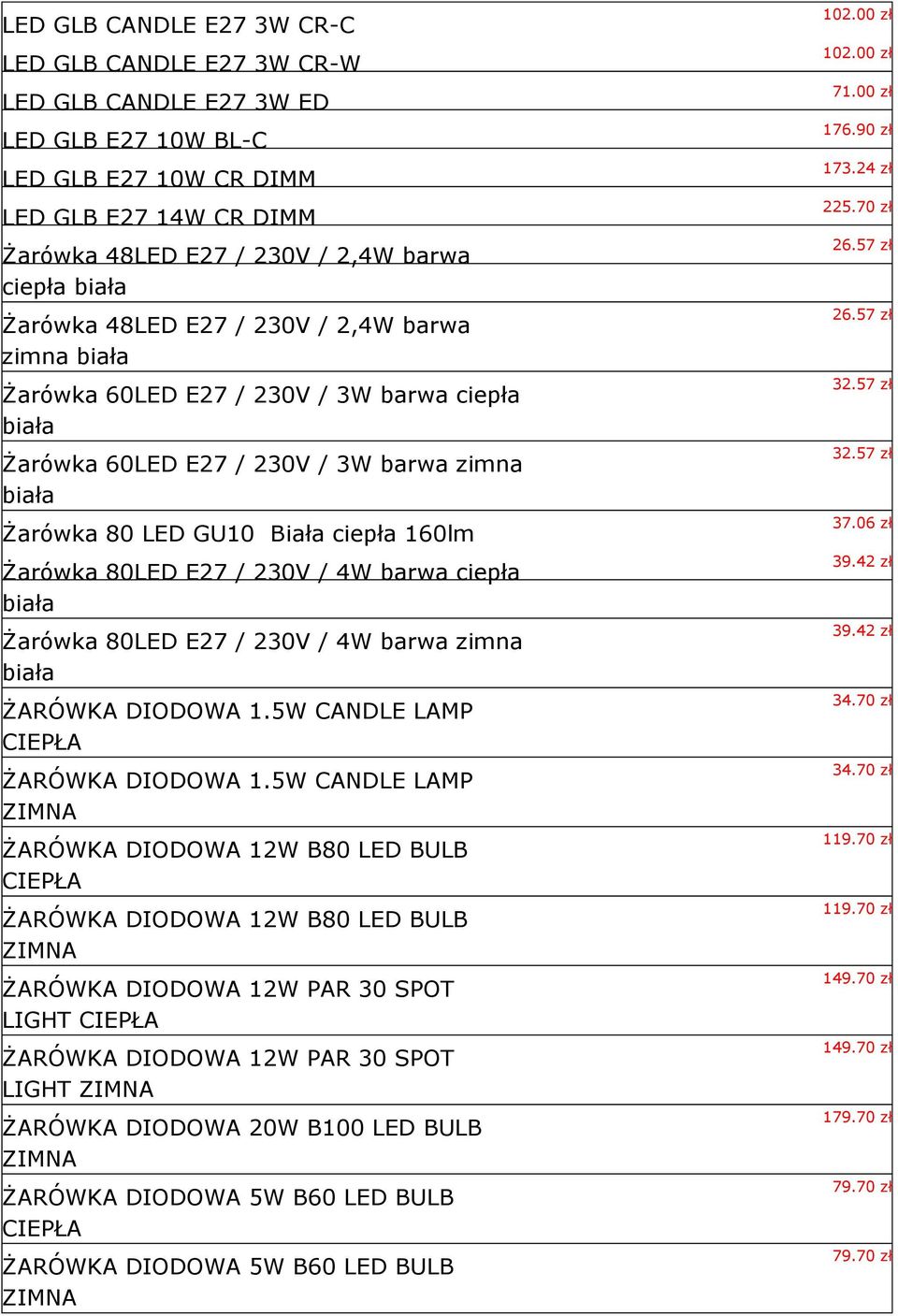 E27 / 230V / 4W barwa ciepła biała Żarówka 80LED E27 / 230V / 4W barwa zimna biała ŻARÓWKA DIODOWA 1.5W CANDLE LAMP ŻARÓWKA DIODOWA 1.