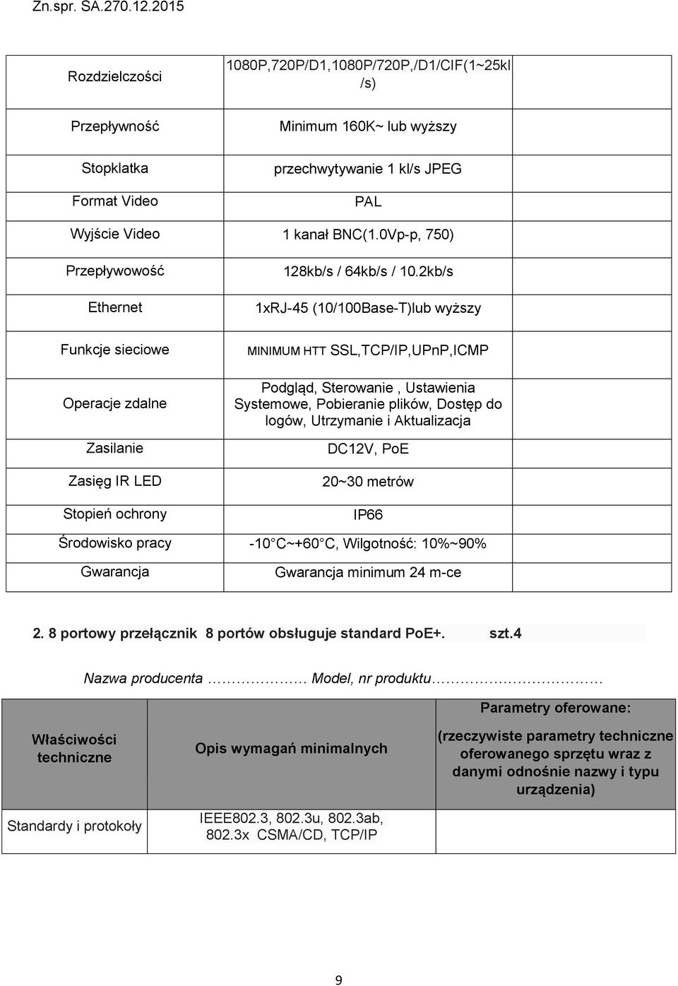 2kb/s 1xRJ-45 (10/100Base-T)lub wyższy Funkcje sieciowe Operacje zdalne Zasięg IR LED Stopień ochrony MINIMUM HTT SSL,TCP/IP,UPnP,ICMP Podgląd, Sterowanie, Ustawienia Systemowe, Pobieranie plików,