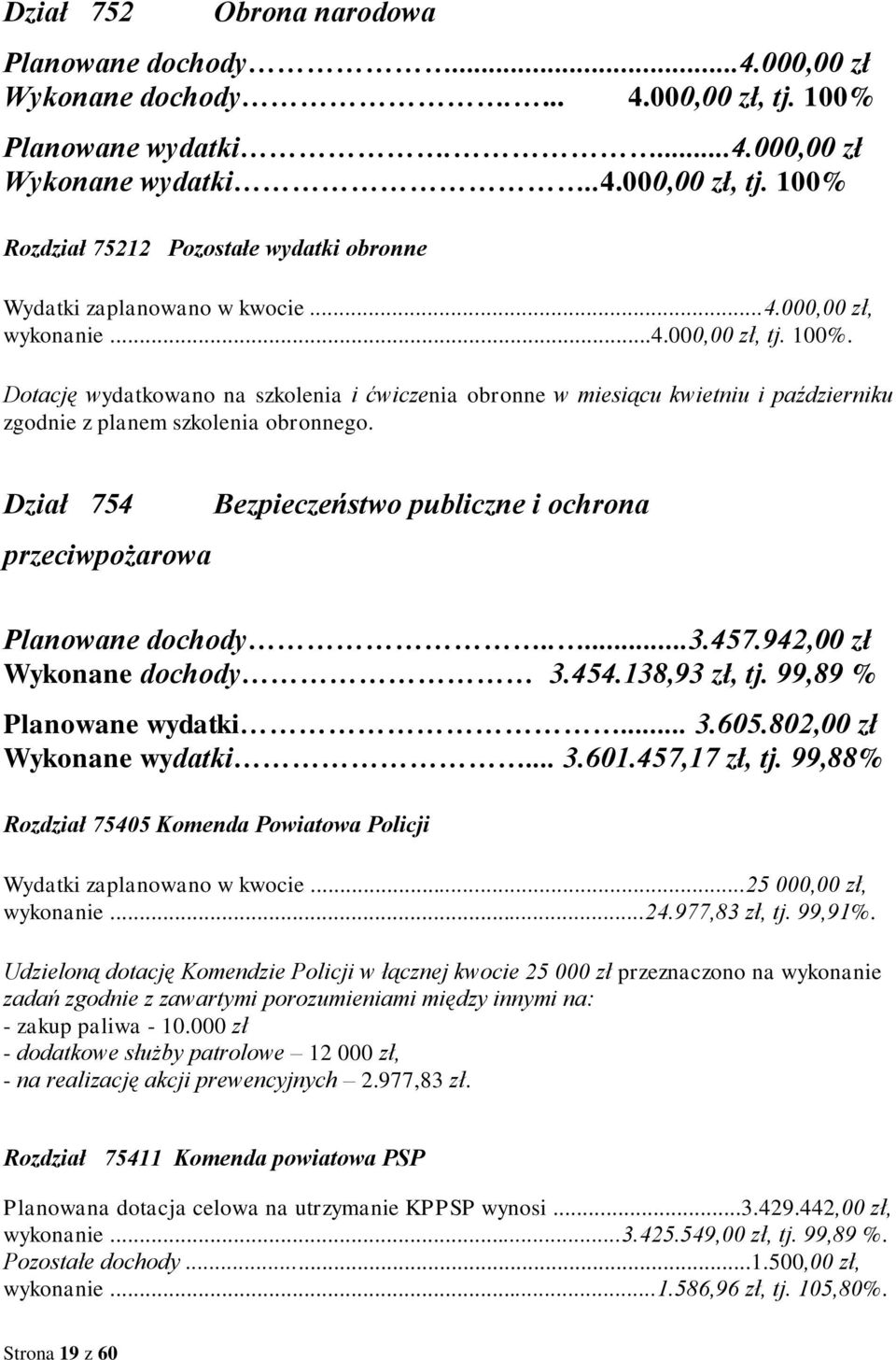 Dział 754 przeciwpożarowa Bezpieczeństwo publiczne i ochrona Planowane dochody.....3.457.942,00 zł Wykonane dochody 3.454.138,93 zł, tj. 99,89 % Planowane wydatki... 3.605.802,00 zł Wykonane wydatki.