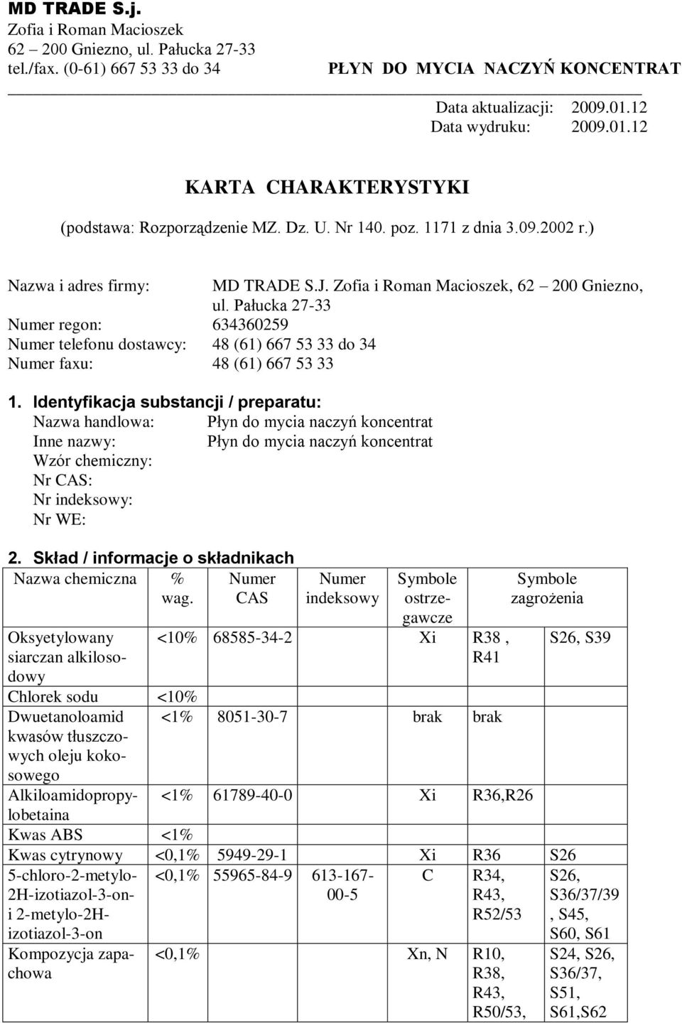 Identyfikacja substancji / preparatu: Nazwa handlowa: Płyn do mycia naczyń koncentrat Inne nazwy: Płyn do mycia naczyń koncentrat Wzór chemiczny: Nr CAS: Nr indeksowy: Nr WE: 2.