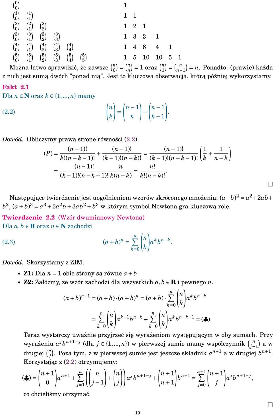 2) ( ) ( ) ( ) = +. k k k Dowód. Obliczymy prawa stroę rówości (2.2). ( )! (P) = k!( k )! + ( )! (k )!( k)!