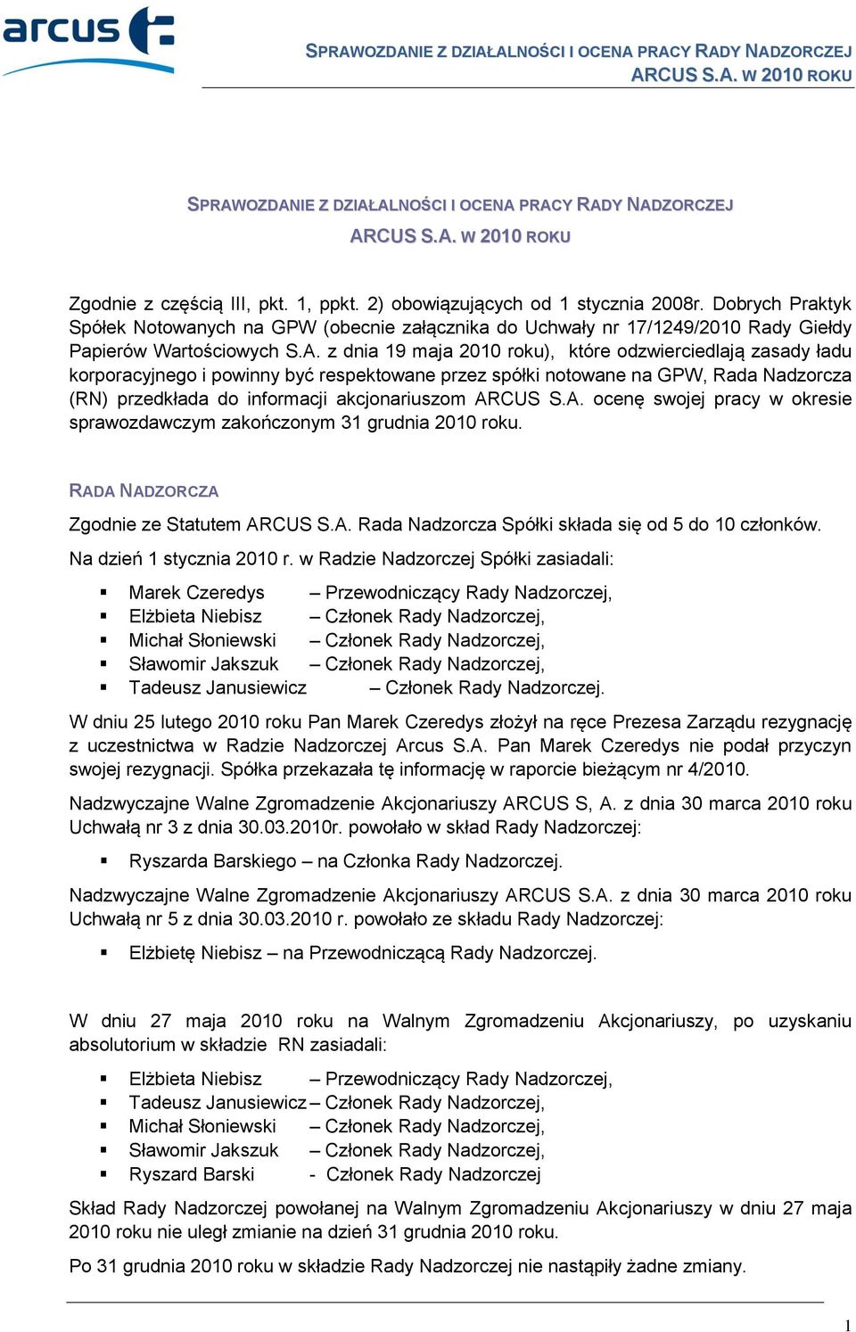 z dnia 19 maja 2010 roku), które odzwierciedlają zasady ładu korporacyjnego i powinny być respektowane przez spółki notowane na GPW, Rada Nadzorcza (RN) przedkłada do informacji akcjonariuszom ARCUS