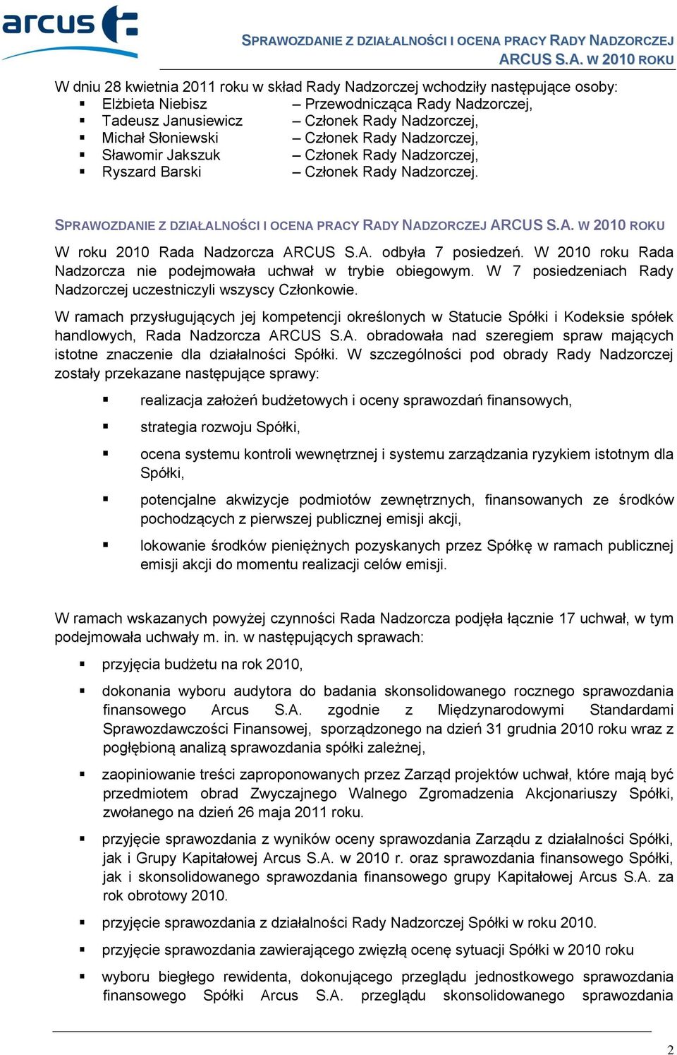 W 2010 roku Rada Nadzorcza nie podejmowała uchwał w trybie obiegowym. W 7 posiedzeniach Rady Nadzorczej uczestniczyli wszyscy Członkowie.