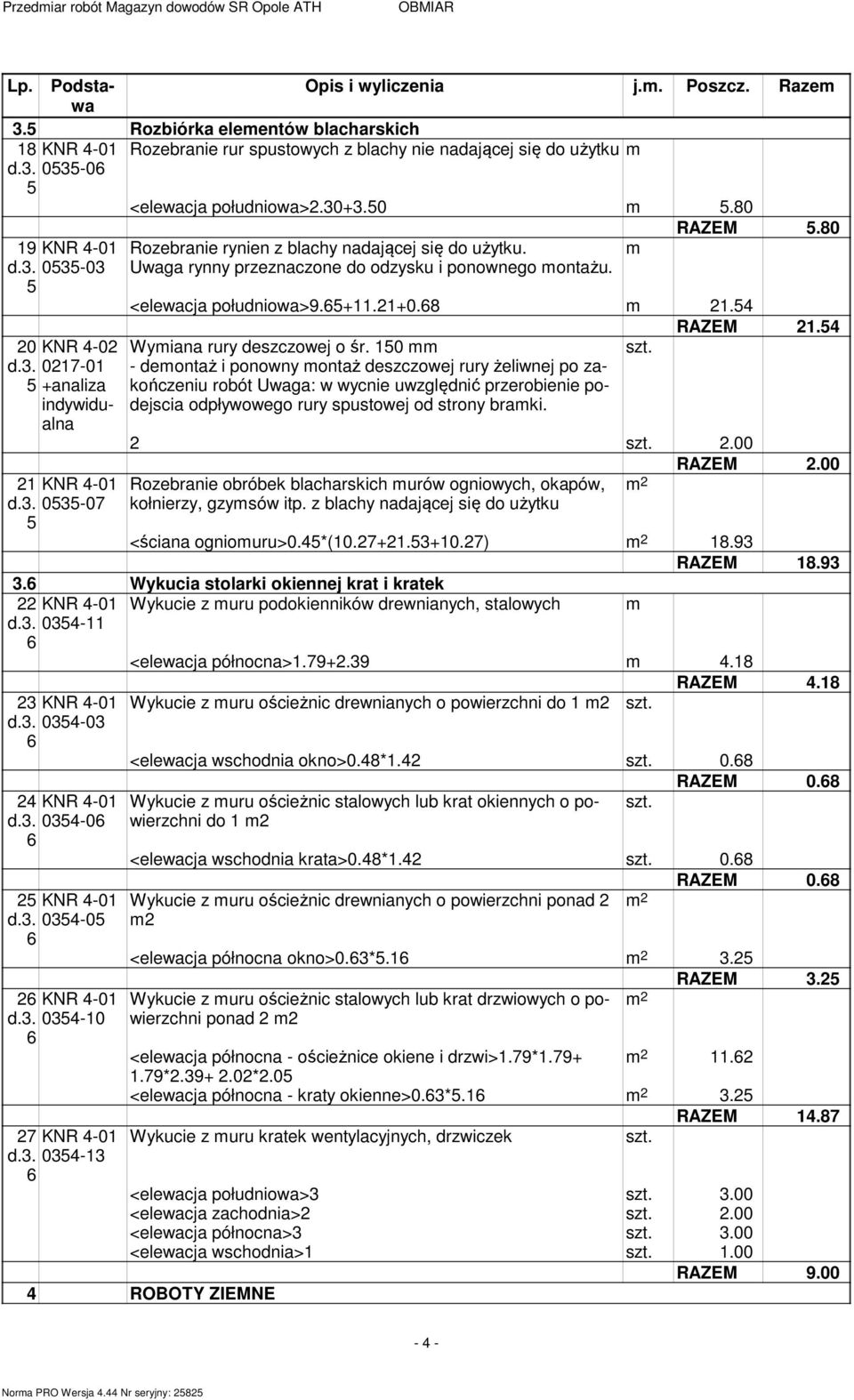 Uwaga rynny przeznaczone do odzysku i ponownego ontażu. RAZEM.80 <elewacja południowa>9.+11.21+0.8 21. RAZEM 21. Wyiana rury deszczowej o śr.