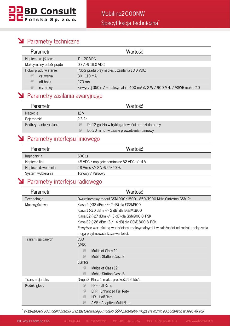 2,0 y zasilania awaryjnego Napięcie 12 V Pojemność 2,3 Ah Podtrzymanie zasilania Do 12 godzin w trybie gotowości bramki do pracy Do 30 minut w czasie prowadzenia rozmowy y interfejsu liniowego