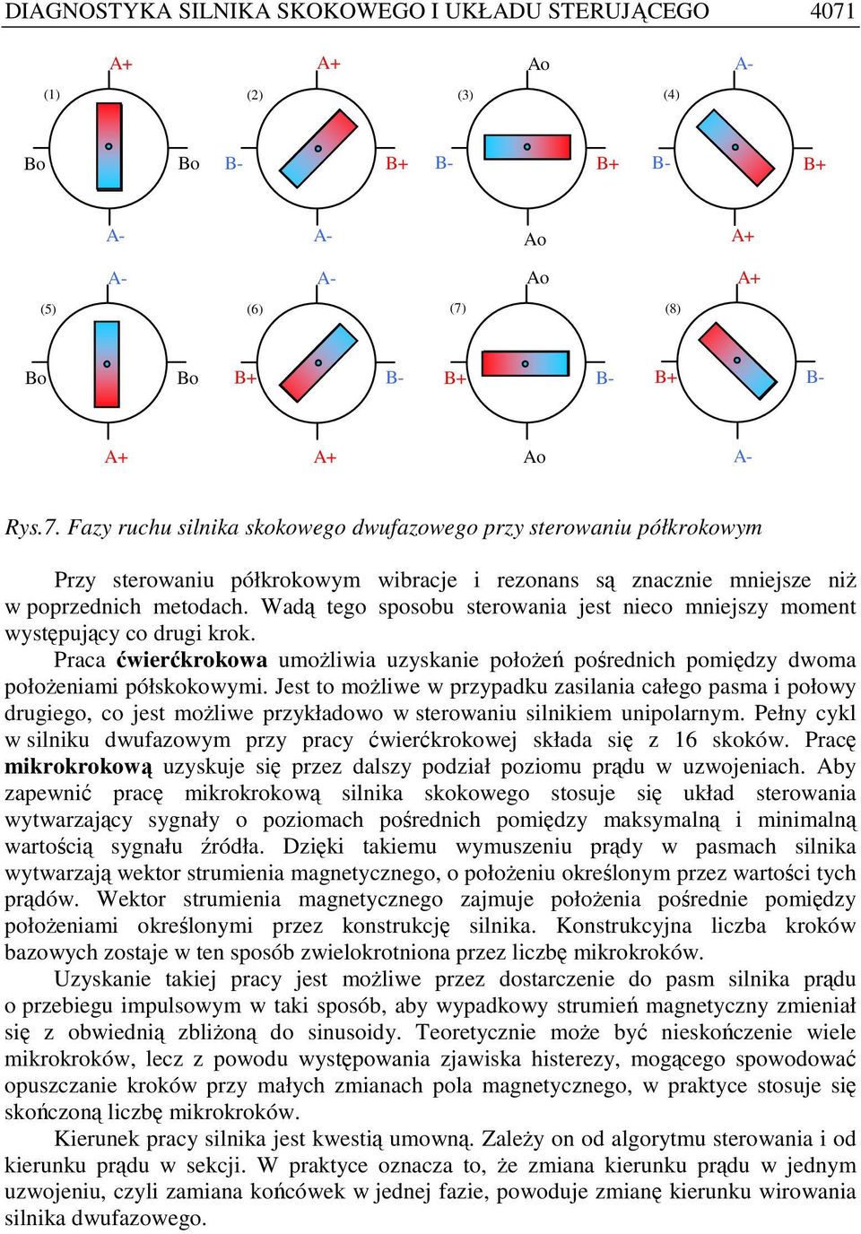adą tego sposobu sterowania jest nieco mniejszy moment występujący co drugi krok. Praca ćwierćkrokowa umoŝliwia uzyskanie połoŝeń pośrednich pomiędzy dwoma połoŝeniami półskokowymi.