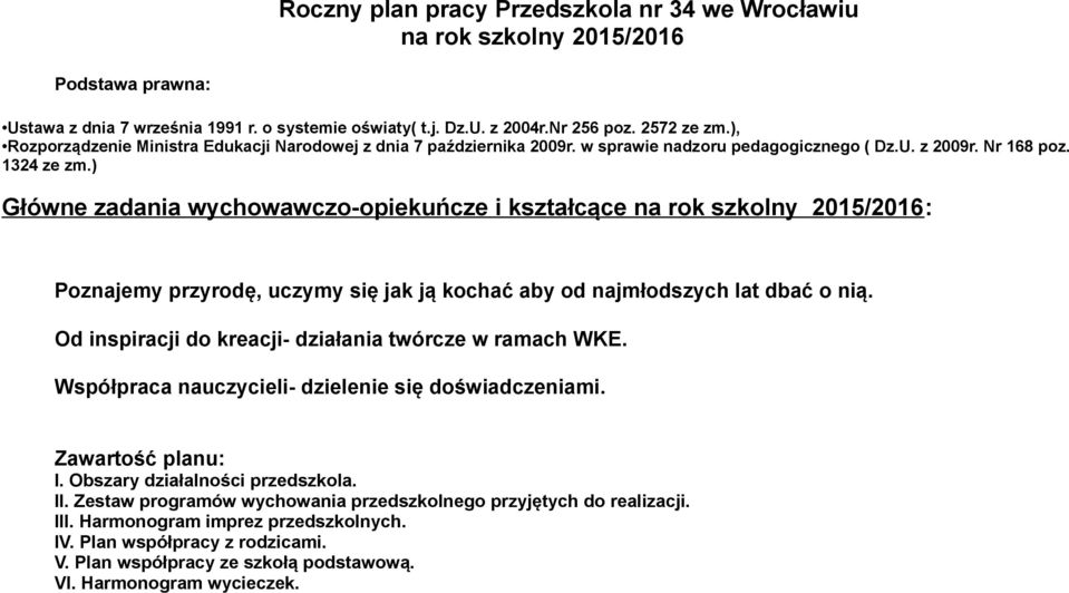 ) Główne zadania wychowawczo-opiekuńcze i kształcące na rok szkolny 2015/2016: Poznajemy przyrodę, uczymy się jak ją kochać aby od najmłodszych lat dbać o nią.