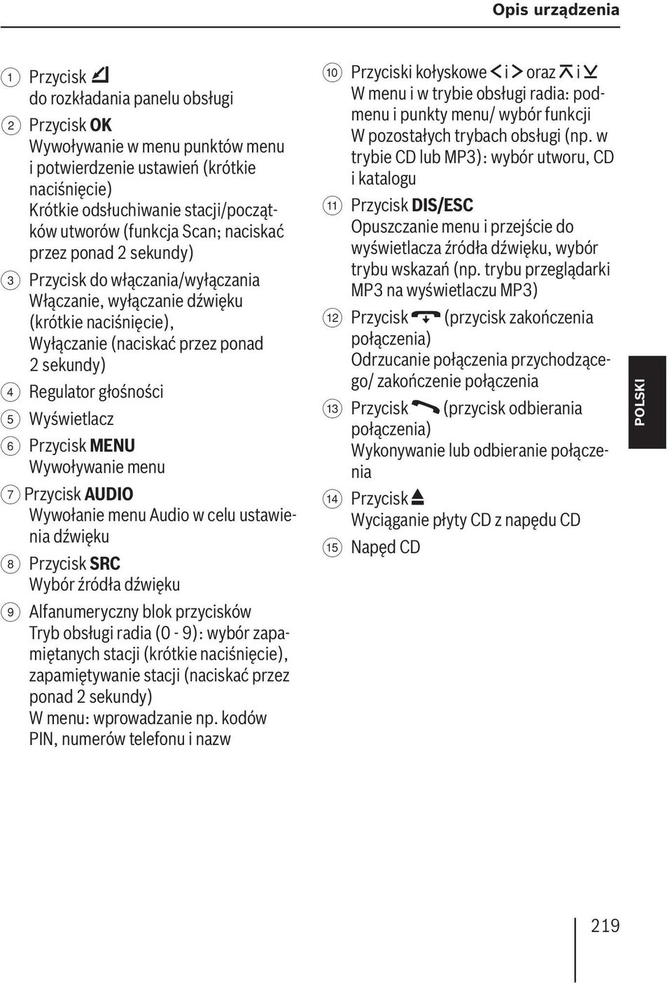 głośności 5 Wyświetlacz 6 Przycisk MENU Wywoływanie menu 7 Przycisk AUDIO Wywołanie menu Audio w celu ustawienia dźwięku 8 Przycisk SRC Wybór źródła dźwięku 9 Alfanumeryczny blok przycisków Tryb