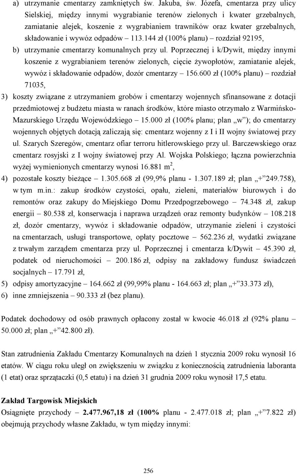 wywóz odpadów 113.144 zł (100% planu) rozdział 92195, b) utrzymanie cmentarzy komunalnych przy ul.