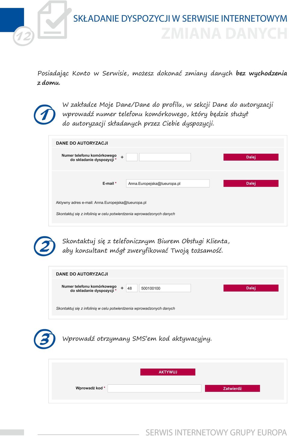 DANE DO AUTORYZACJI Numer telefonu komórkowego do składanie dyspozycji * E-mail * Anna.Europejska@tueuropa.