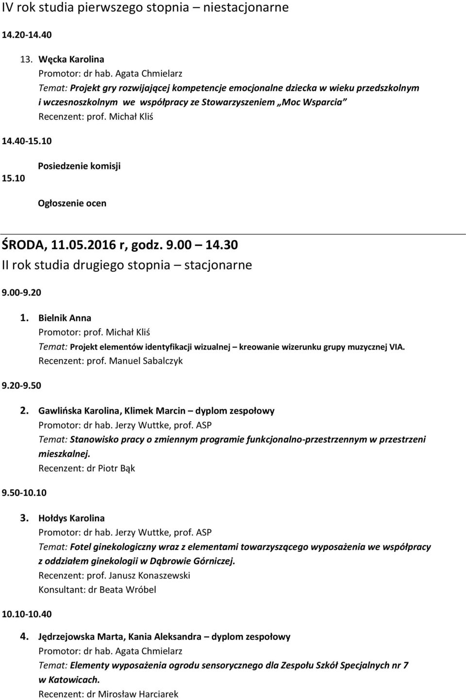 10 Posiedzenie komisji Ogłoszenie ocen ŚRODA, 11.05.2016 r, godz. 9.00 14.30 II rok studia drugiego stopnia stacjonarne 9.00-9.20 1. Bielnik Anna Promotor: prof.