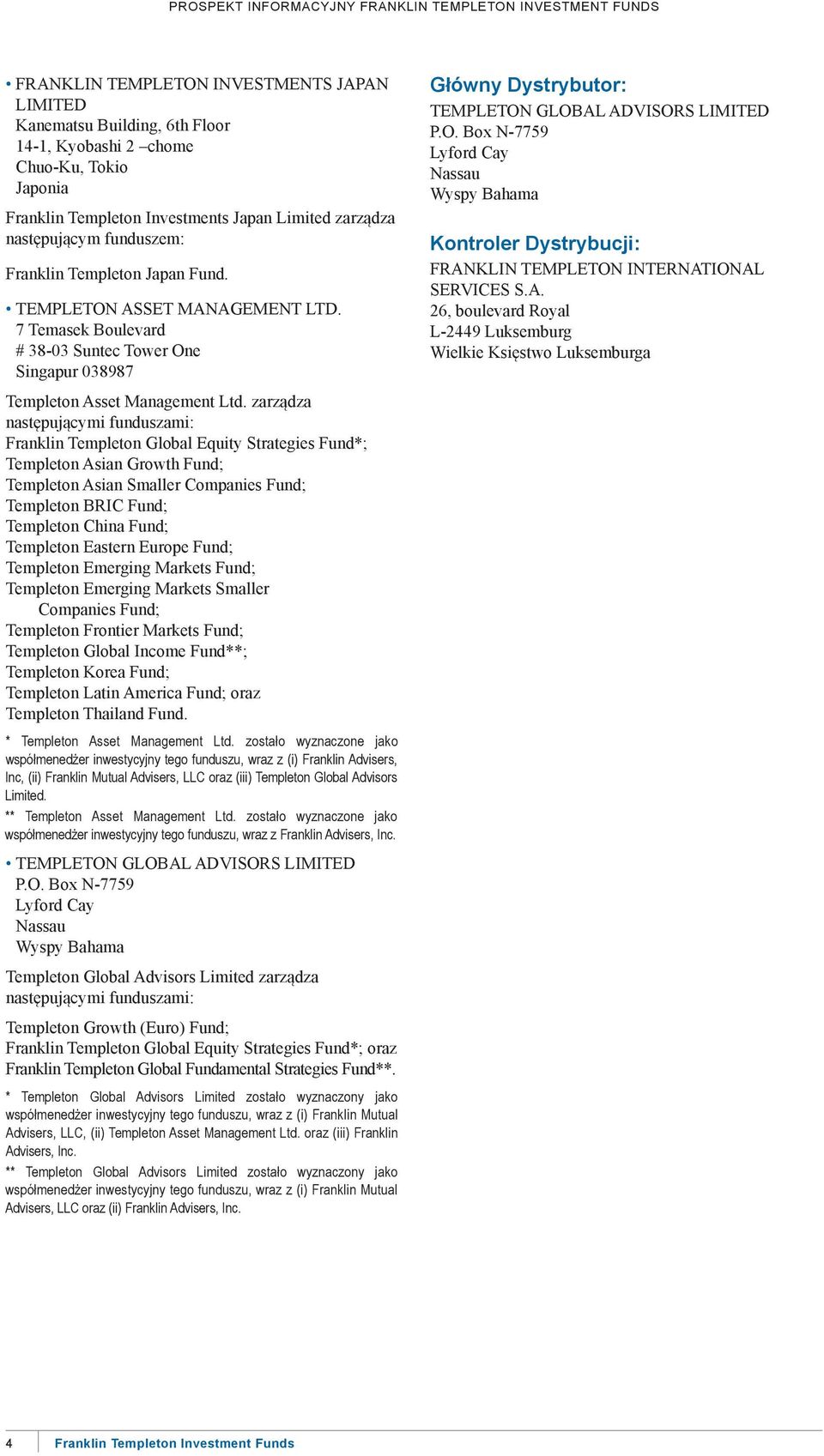 zarządza następującymi funduszami: Franklin Templeton Global equity Strategies Fund*; Templeton asian Growth Fund; Templeton asian Smaller Companies Fund; Templeton BrIC Fund; Templeton China Fund;