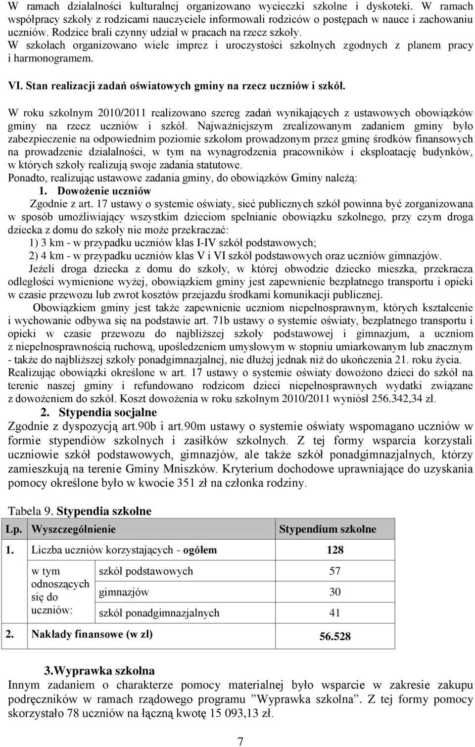 Stan realizacji zadań oświatowych gminy na rzecz uczniów i szkół. W roku szkolnym 2010/2011 realizowano szereg zadań wynikających z ustawowych obowiązków gminy na rzecz uczniów i szkół.