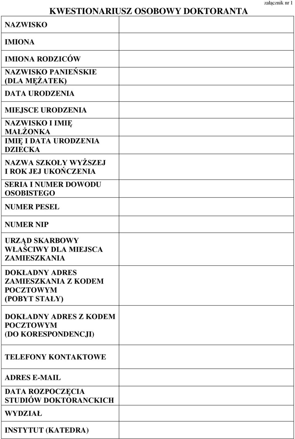 NUMER PESEL NUMER NIP URZĄD SKARBOWY WŁAŚCIWY DLA MIEJSCA ZAMIESZKANIA DOKŁADNY ADRES ZAMIESZKANIA Z KODEM POCZTOWYM (POBYT STAŁY) DOKŁADNY