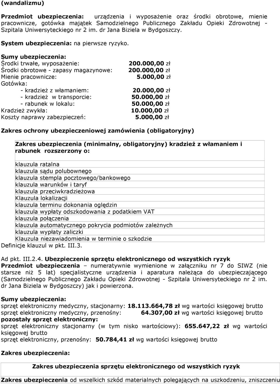 000,00 zł Środki obrotowe - zapasy magazynowe: 200.000,00 zł Mienie pracownicze: 5.000,00 zł Gotówka: - kradzieŝ z włamaniem: 20.000,00 zł - kradzieŝ w transporcie: 50.