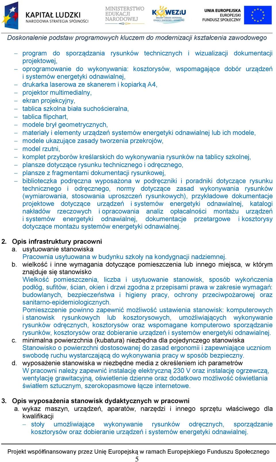 urządzeń systemów energetyki odnawialnej lub ich modele, modele ukazujące zasady tworzenia przekrojów, model rzutni, komplet przyborów kreślarskich do wykonywania rysunków na tablicy szkolnej,
