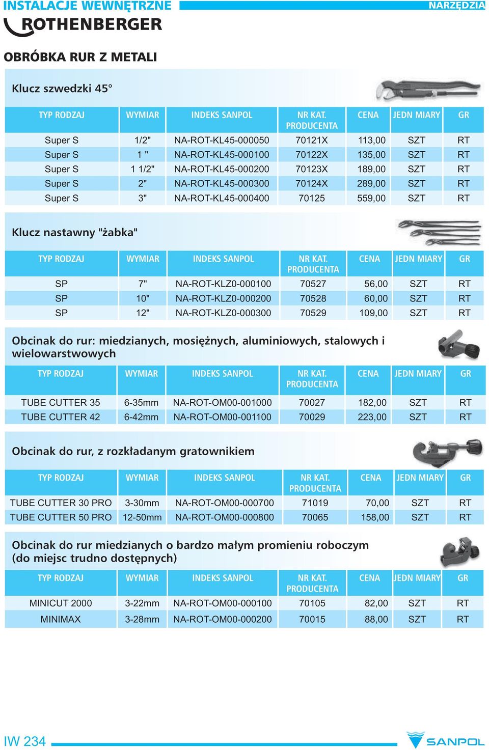 60,00 SZT RT SP 12" NA-ROT-KLZ0-000300 70529 109,00 SZT RT Obcinak do rur: miedzianych, mosiężnych, aluminiowych, stalowych i wielowarstwowych TUBE CUTTER 35 6-35mm NA-ROT-OM00-001000 70027 182,00