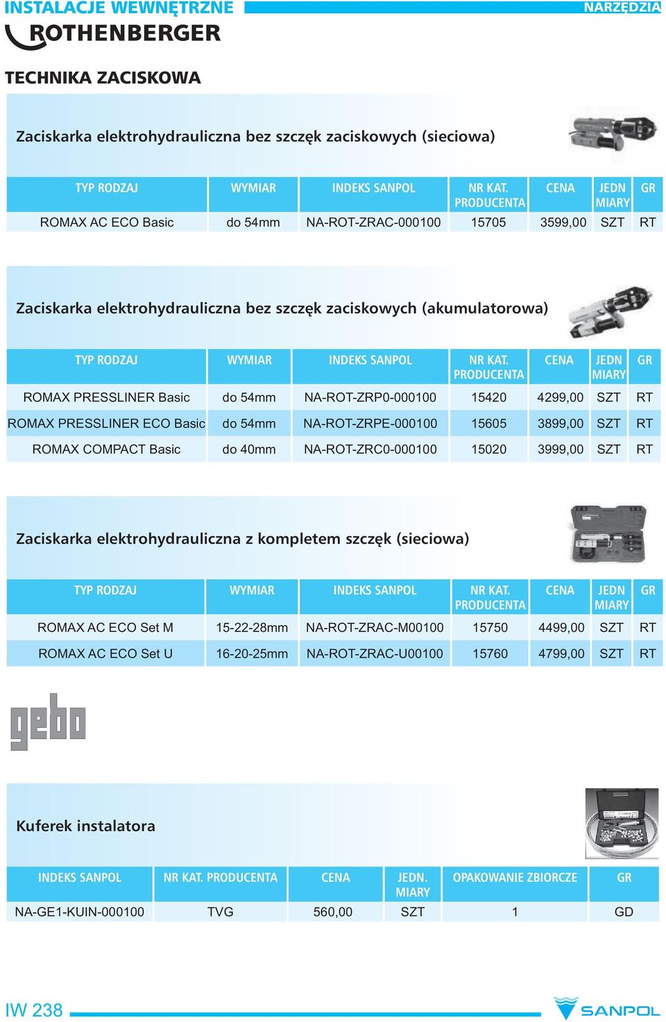 RT ROMAX COMPACT Basic do 40mm NA-ROT-ZRC0-000100 15020 3999,00 SZT RT Zaciskarka elektrohydrauliczna z kompletem szczęk (sieciowa) ROMAX AC ECO Set M 15-22-28mm NA-ROT-ZRAC-M00100