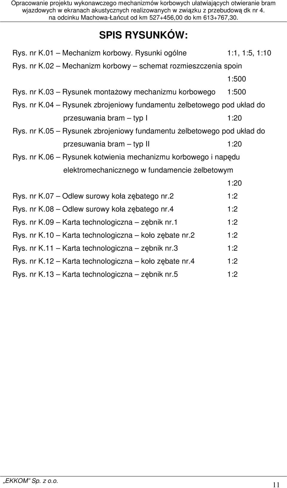 05 Rysunek zbrojeniowy fundamentu żelbetowego pod układ do przesuwania bram typ II 1:20 Rys. nr K.06 Rysunek kotwienia mechanizmu korbowego i napędu elektromechanicznego w fundamencie żelbetowym Rys.