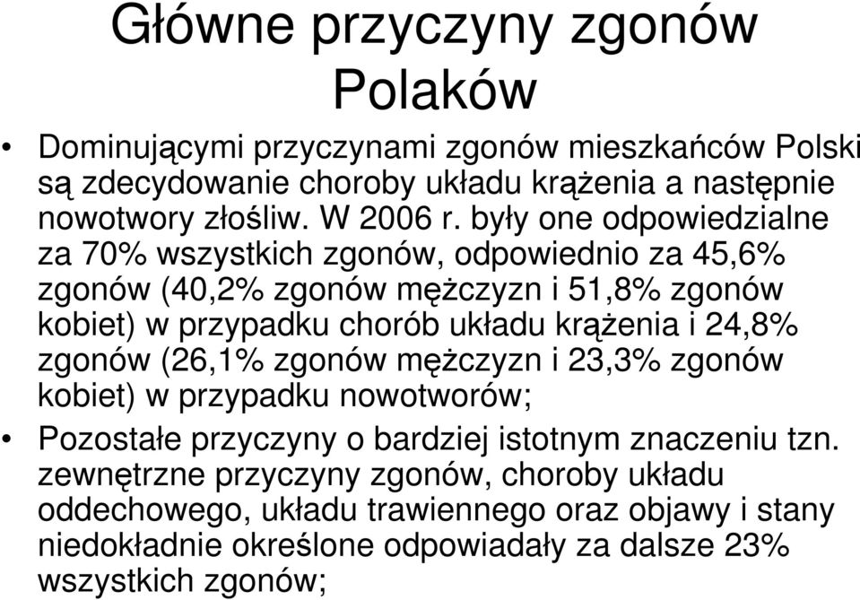 były one odpowiedzialne za 70% wszystkich zgonów, odpowiednio za 45,6% zgonów (40,2% zgonów mężczyzn i 51,8% zgonów kobiet) w przypadku chorób układu