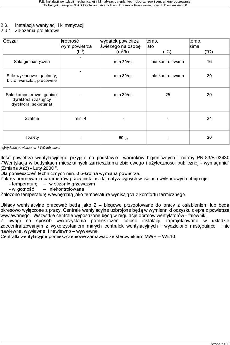 30/os nie kontrolowana 20 Sale komputerowe, gabinet dyrektora i zastępcy dyrektora, sekretariat - min.30/os 25 20 Szatnie min. 4 - - 24 Toalety - 50 (1) - 20 (1)Wydatek powietrza na 1 WC lub pisuar.