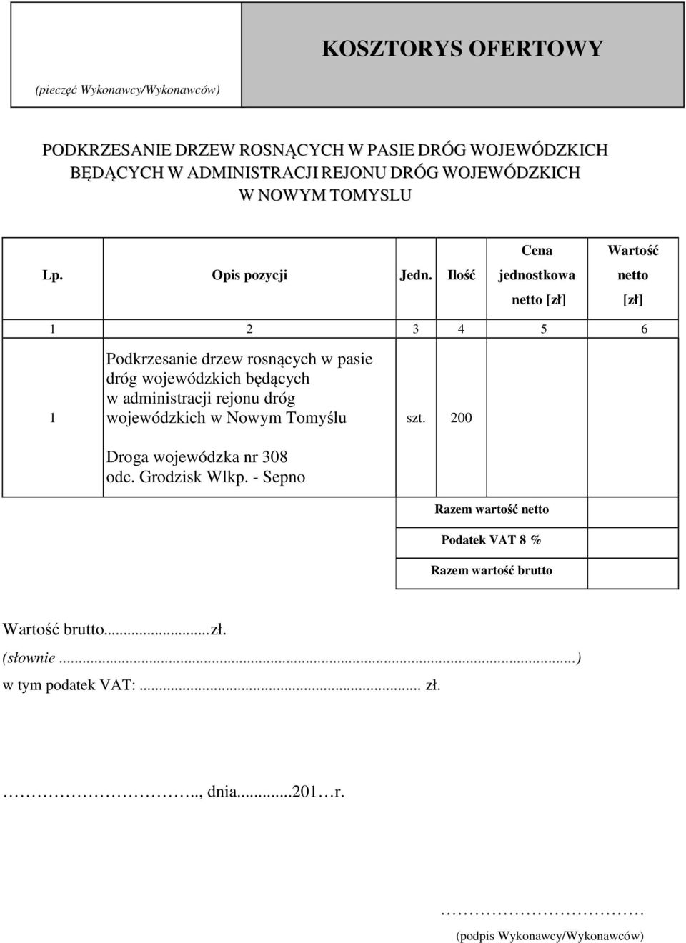 Ilość Cena jednostkowa netto [zł] Wartość netto [zł] 1 2 3 4 5 6 1 Podkrzesanie drzew rosnących w pasie dróg wojewódzkich będących w administracji