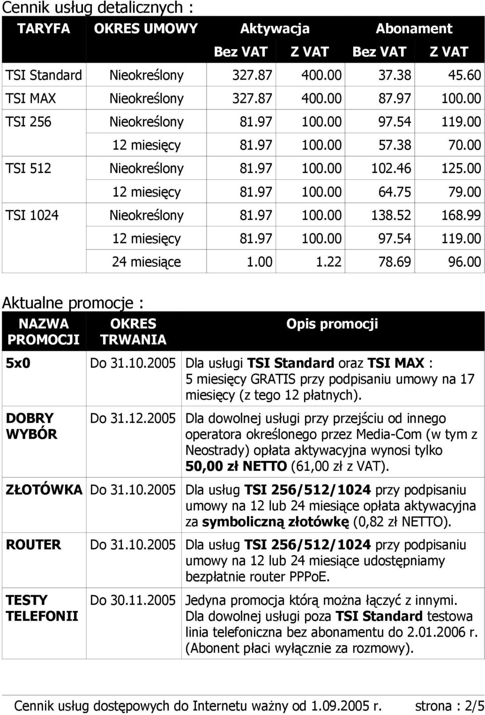 00 1.22 78.69 96.00 Aktualne promocje : NAZWA PROMOCJI OKRES TRWANIA Opis promocji 5x0 Do 31.10.2005 Dla usługi oraz : 5 miesięcy GRATIS przy podpisaniu umowy na 17 miesięcy (z tego 12 płatnych).