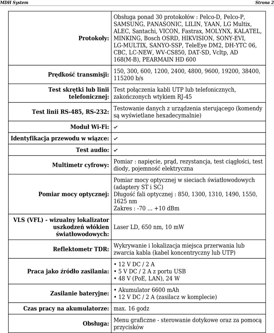 PEARMAIN HD 600 150, 300, 600, 1200, 2400, 4800, 9600, 19200, 38400, 115200 b/s Test połączenia kabli UTP lub telefonicznych, zakończonych wtykiem RJ-45 Testowanie danych z urządzenia sterującego